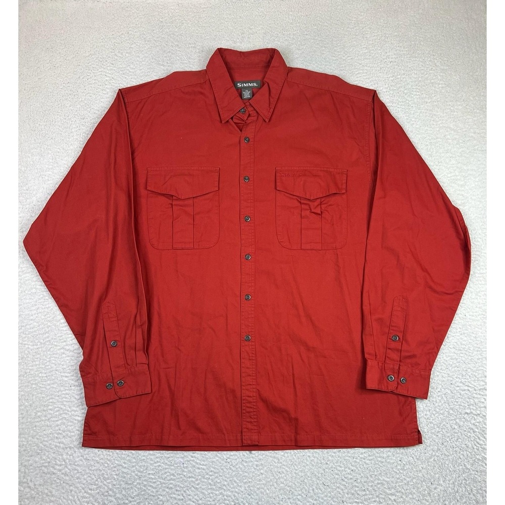 Simms Shirt Mens 2XL Red Cotton Twill Button Front Long Sleeve Pockets Fishing